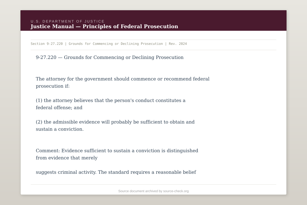 DOJ Justice Manual, Section 9-27.220 — Prosecution Guidelines