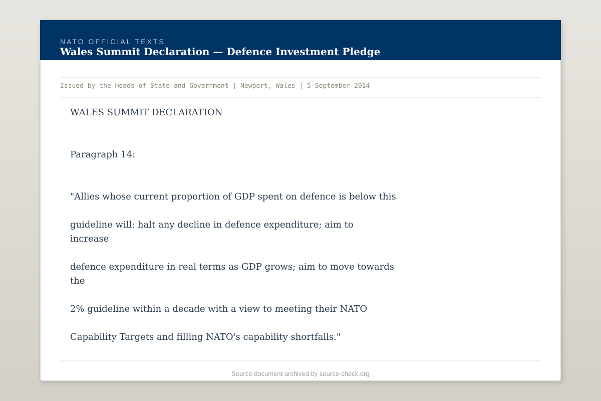 Wales Summit Declaration, 2014 — The 2% GDP Pledge